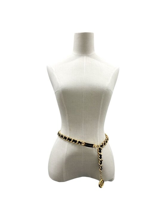 Chanel Belt Cambon Leather Chain Gold Black Logo Plate CC Thick main image 4